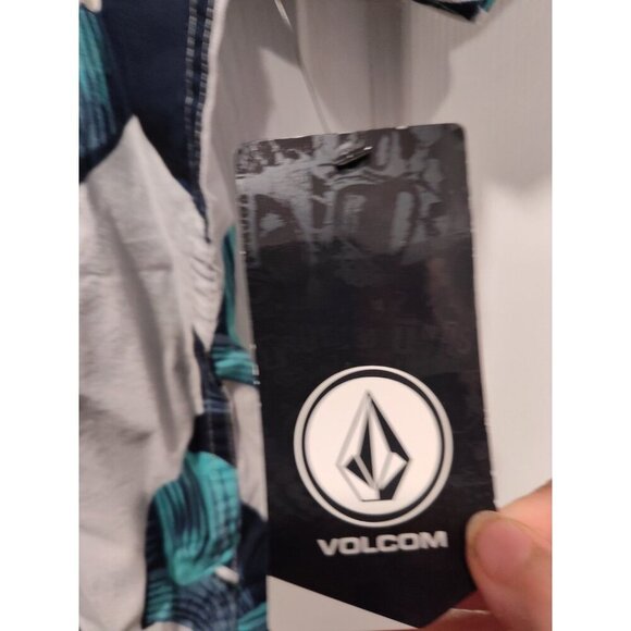 Volcom Mens Cut out Modern‎ fit Short Sleeve Button-Up LARGE Blue Green Floral - Picture 4 of 13
